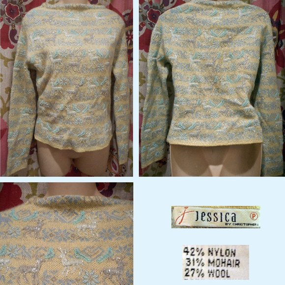 Jessica by Christopher L Ivory Knit Wool Sweater w/Beaded REINDEER MOTIF! S - Picture 2 of 2